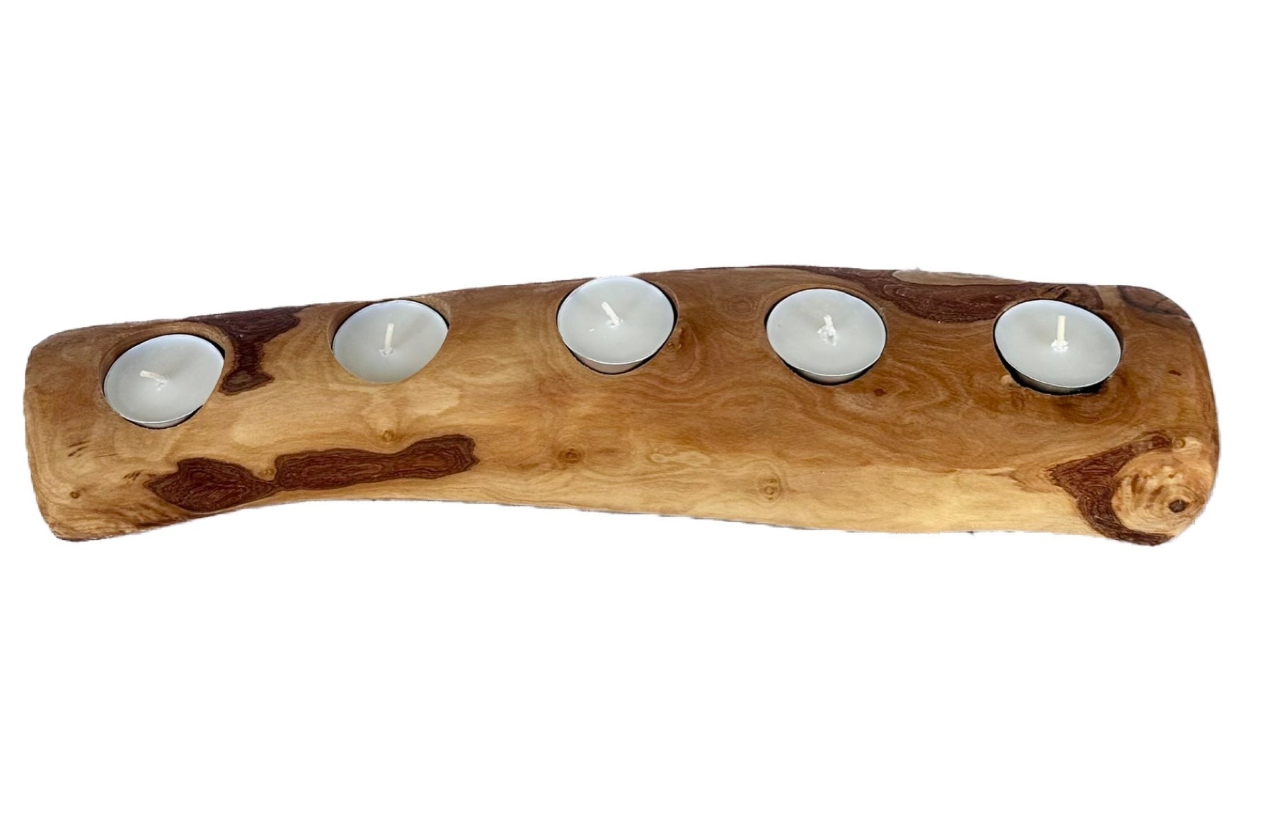 “Handcrafted olive wood candle holder displaying rich natural grain and warm tones.”