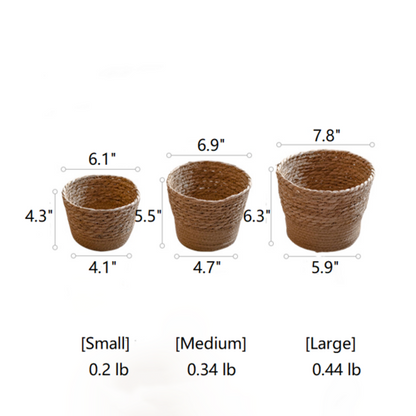 Three woven planters showing small, medium, large sizes with measurements and weight labels on a white background.