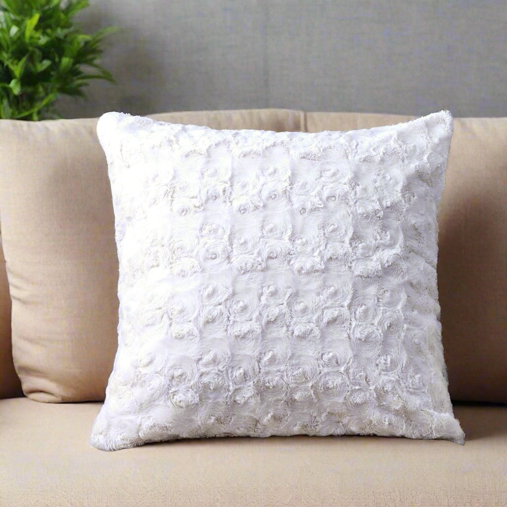 Luxury white rose swirl faux fur cushion cover front view