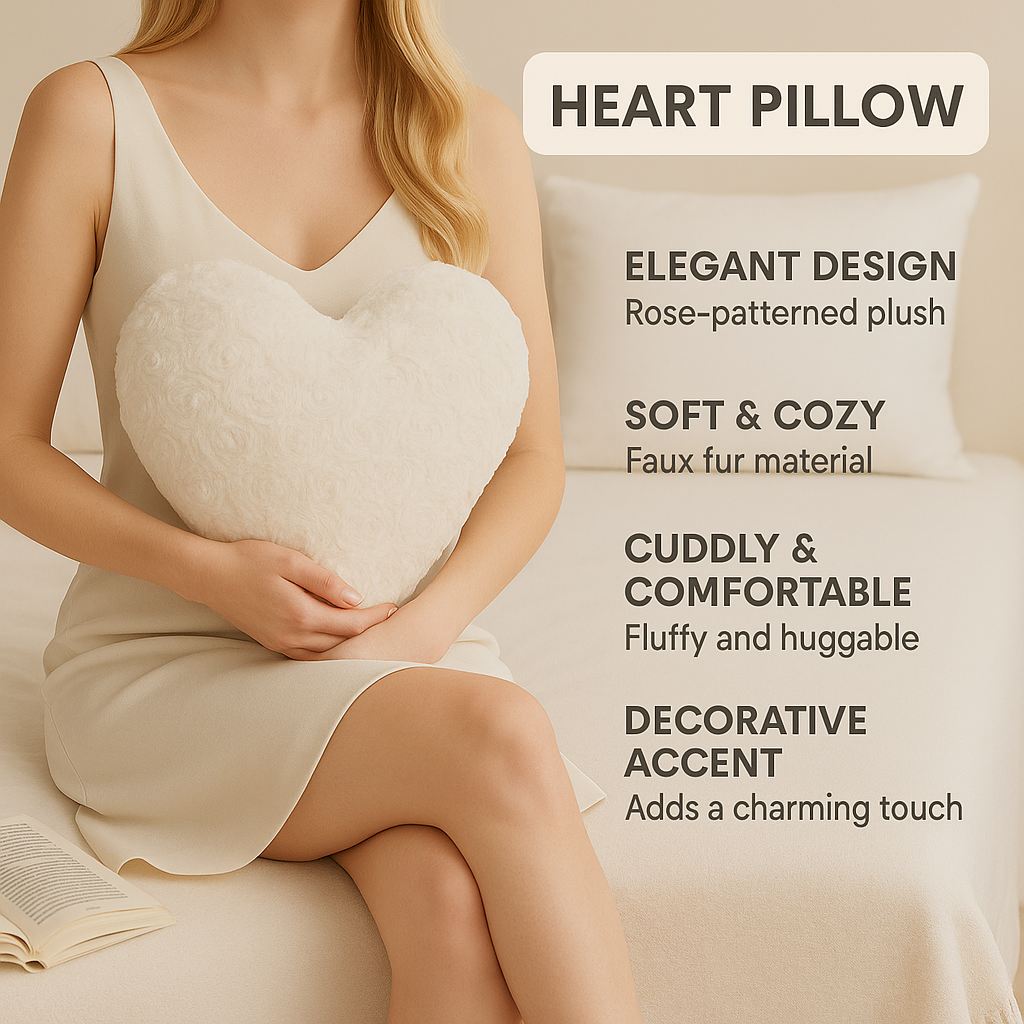 White Roses Heart-Shaped Faux Fur Sherpa Throw Pillow