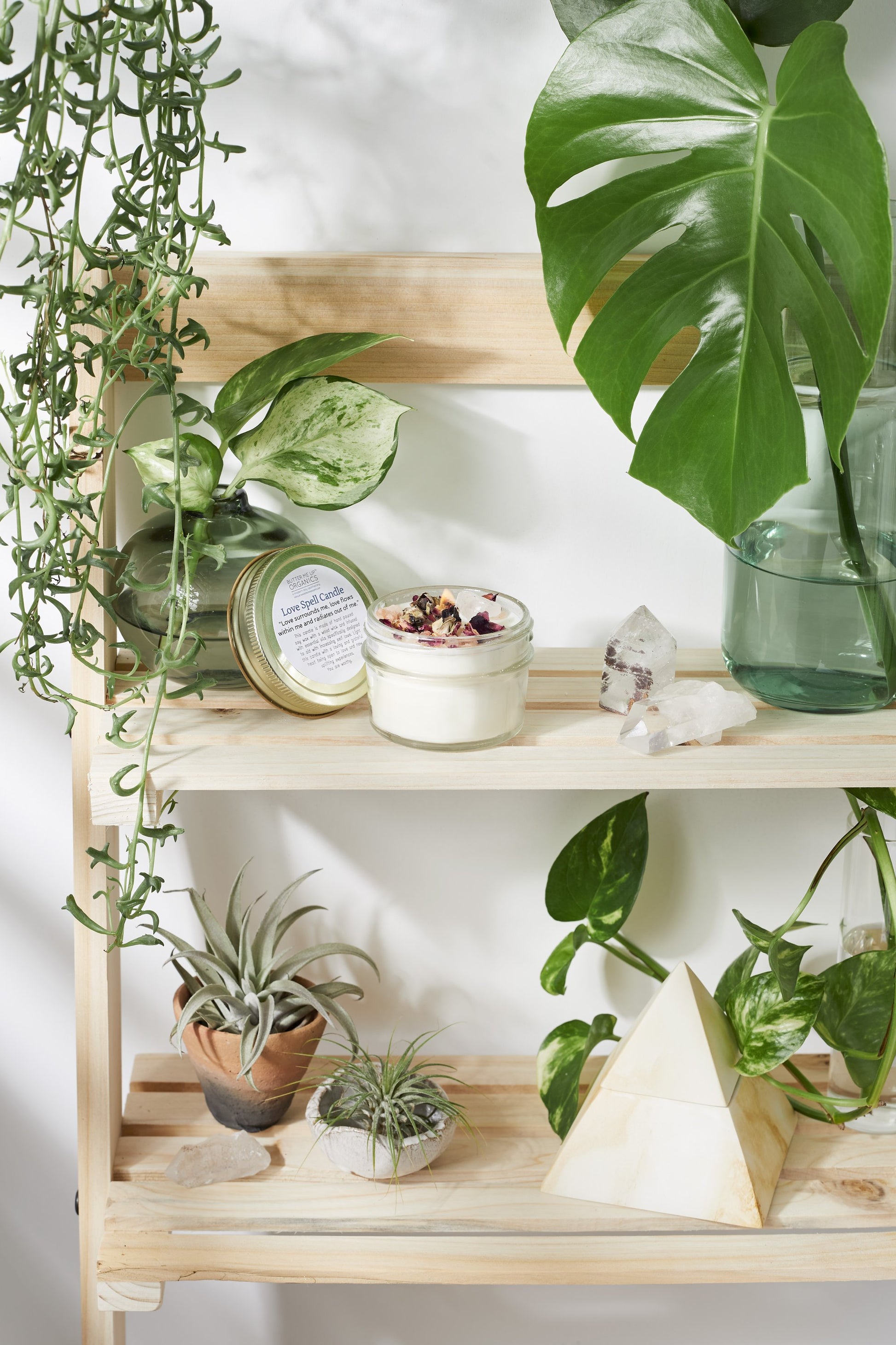 Krombee Love and Light Rose Quartz Candle on shelf