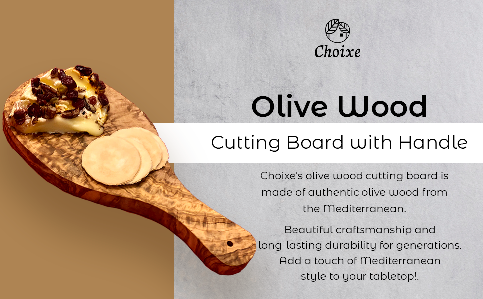“Artisan-made olive wood board with handle shown as a multifunctional kitchen essential.”