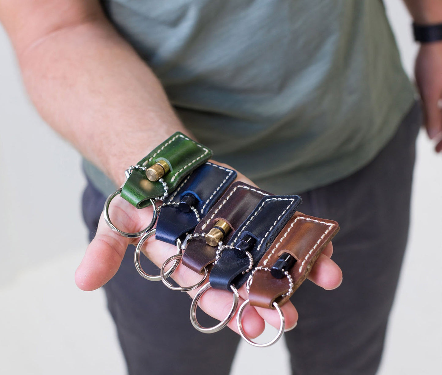 Krombee presents Handcrafted full-grain leather oil vial keychain with metal vial