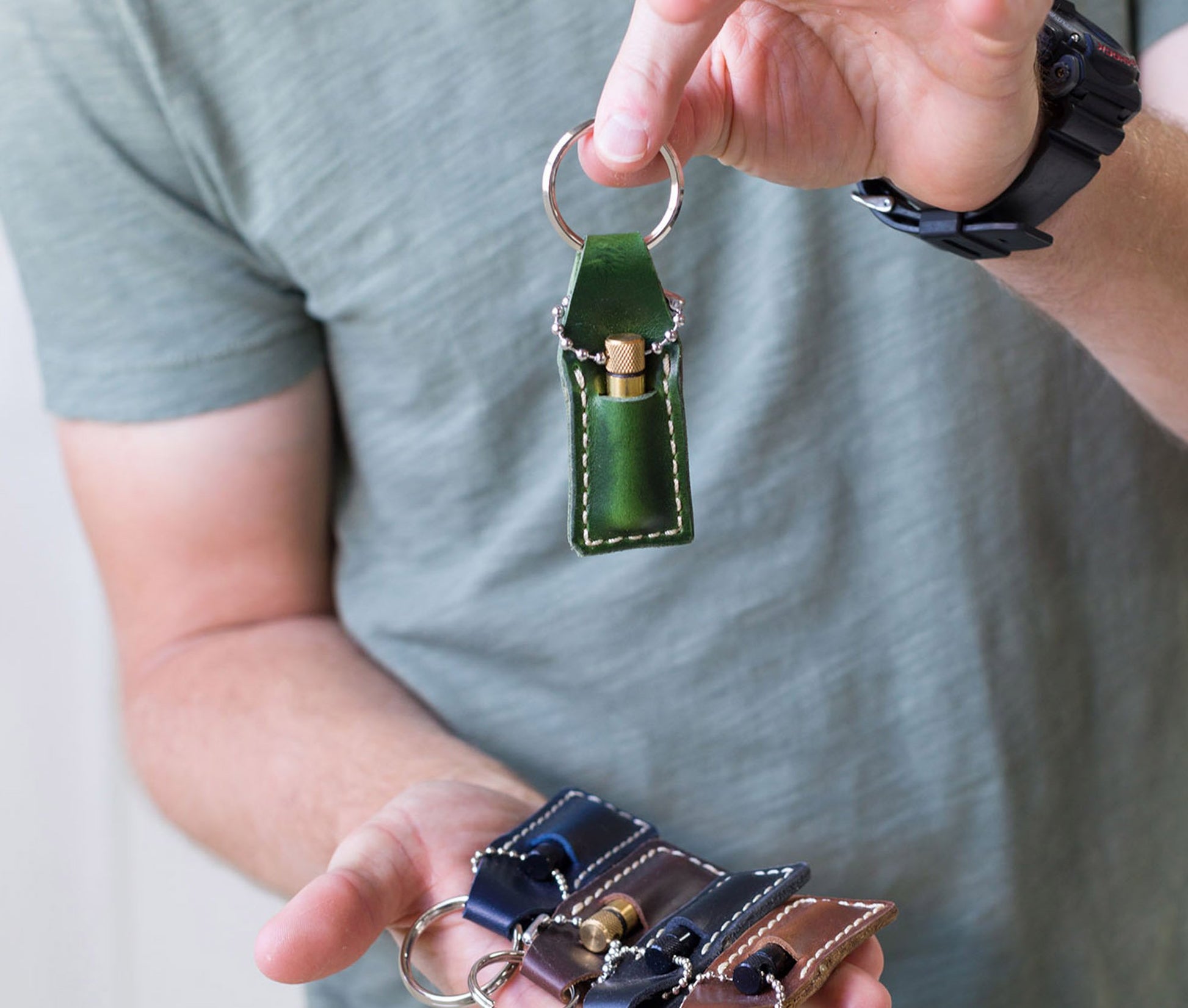 Krombee presents Handcrafted full-grain leather oil vial keychain with metal vial