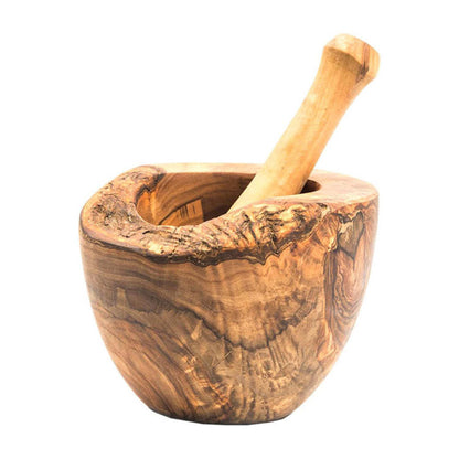 “Olive wood mortar & pestle set styled on a modern kitchen countertop, offering a warm Mediterranean aesthetic.”