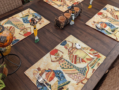 African Dreams tapestry placemat styled with dinnerware – vibrant Kwanzaa Collection dining table inspiration.