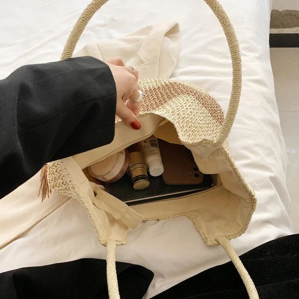 Interior view of straw shoulder tote