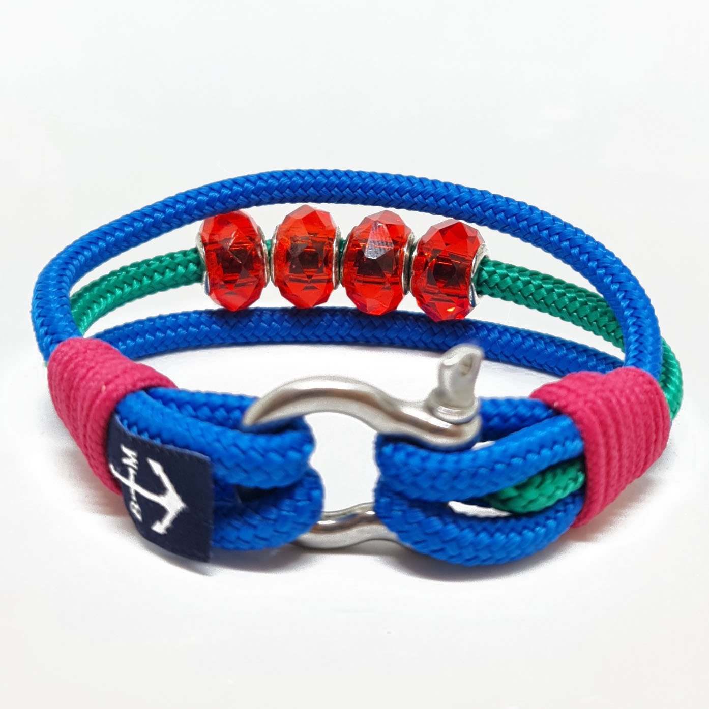 Tiernan handmade nautical rope bracelet with stainless steel shackle in blue, green, and red