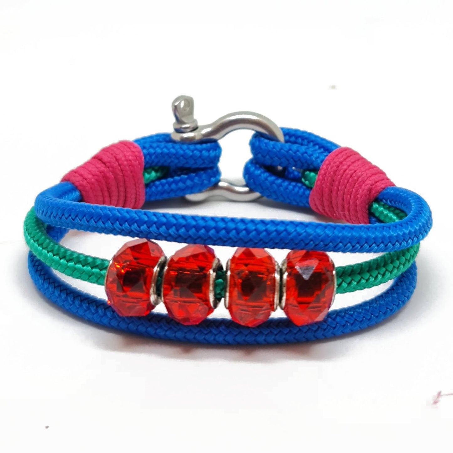 Tiernan handmade nautical rope bracelet with stainless steel shackle in blue, green, and red
