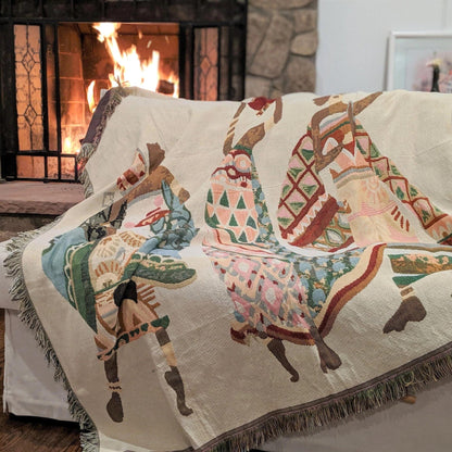 Close-up of intricate woven texture and tribal geometric pattern on Boho Kwanzaa Collection tapestry throw blanket