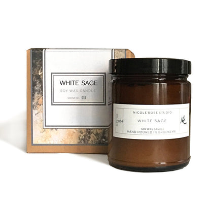 White Sage candle with packaging on a white background