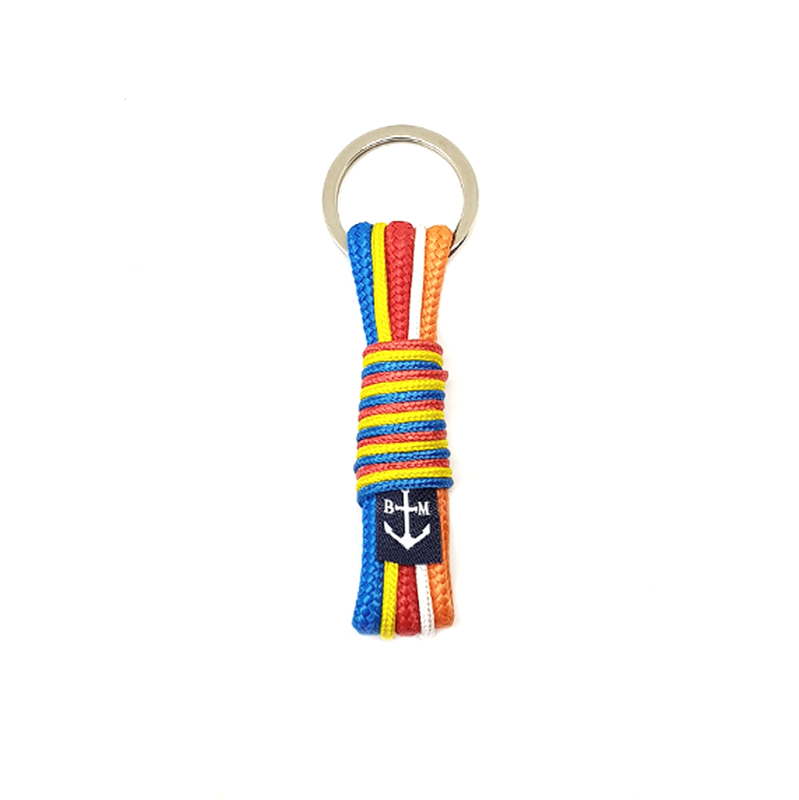 Buddhist Keychain handmade in Dublin with multicolor nautical ropes in red, blue, white, orange, and yellow, unisex and durable