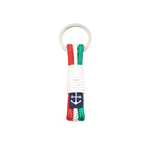 Italy Handmade Keychain with green, white, and red nautical ropes and stainless steel anchor & ring, handmade in Dublin