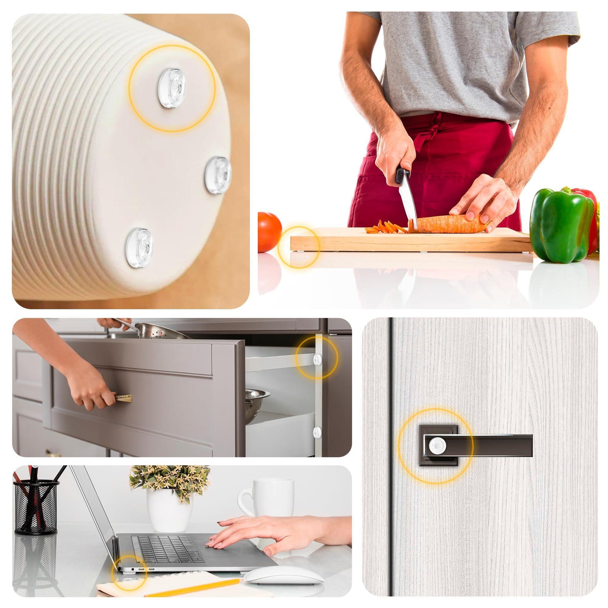 Non-slip, scratch-free silicone bumper pads on wood, metal, glass and ceramic surfaces