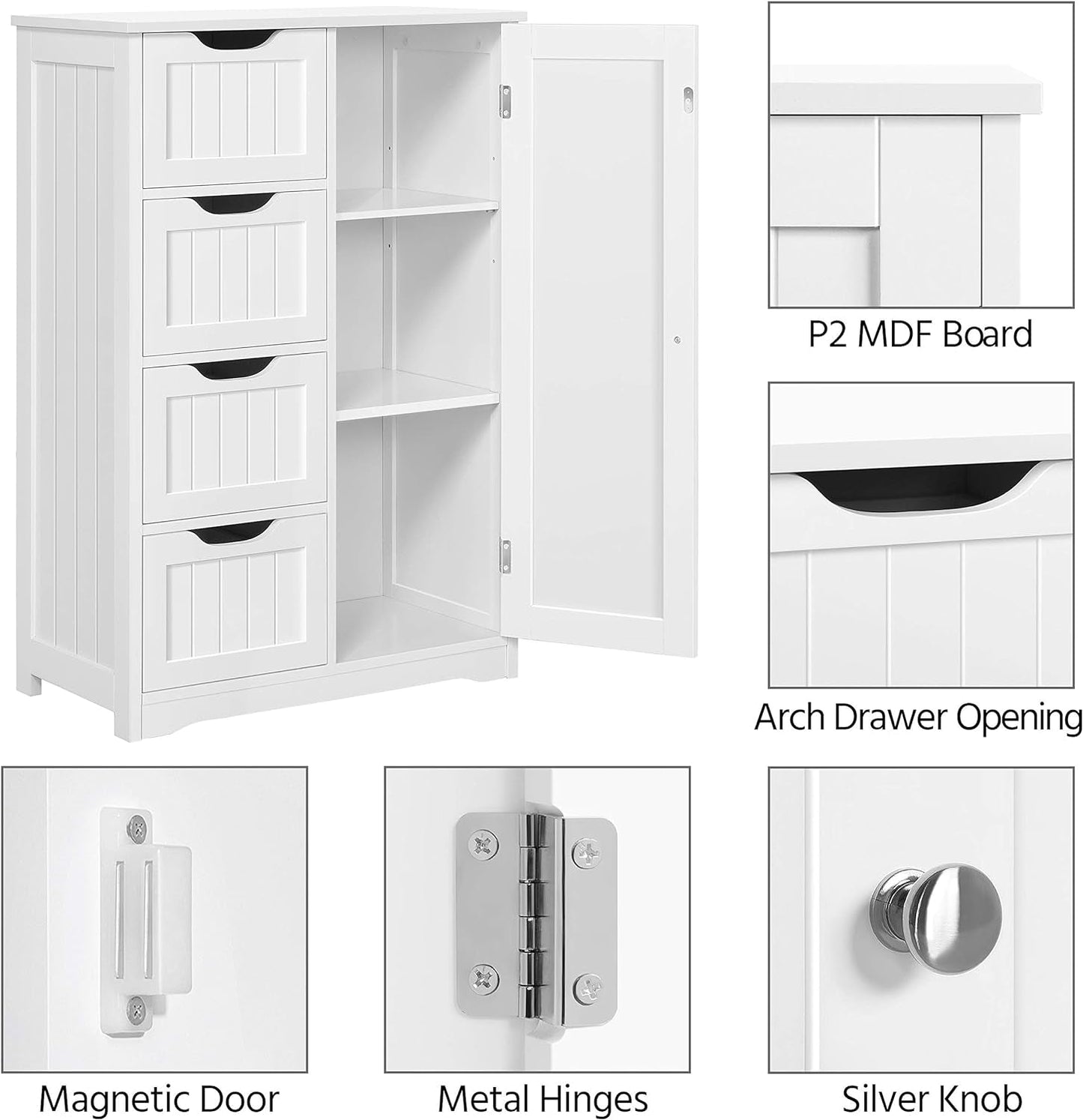 Metal knobs and hinges on white storage cabinet