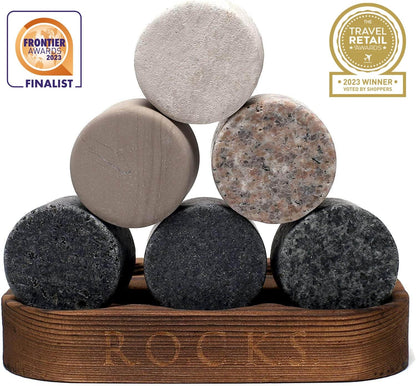 Round granite whiskey stones displayed