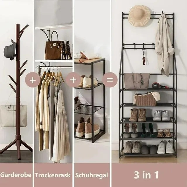 Entryway rack showing shelves and hooks