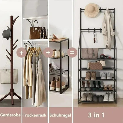Entryway rack showing shelves and hooks