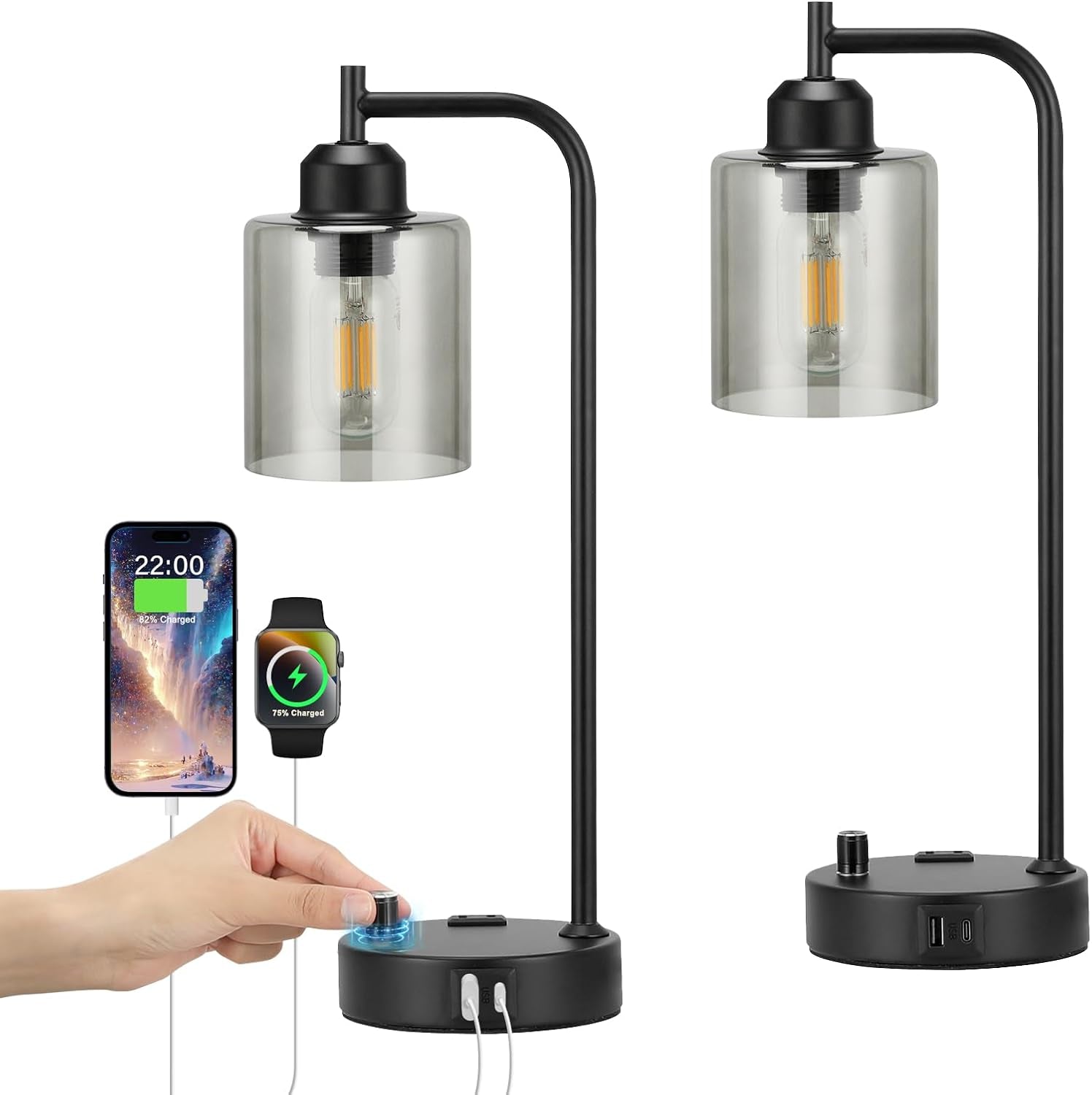 Close-up of matte black lamp base with USB-C charging port