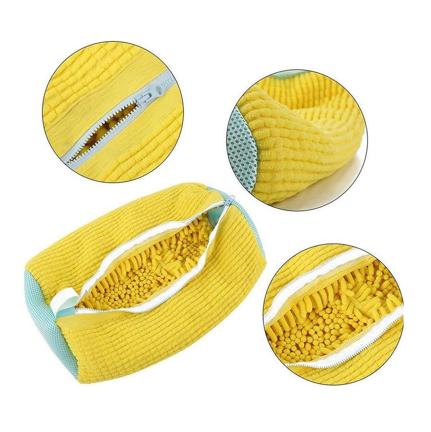 Close-up of auto-lock zipper and protective sheath on shoe laundry bag
