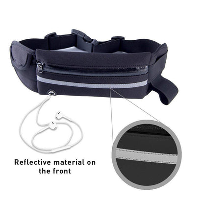 Black waist bag with reflective material on a white background