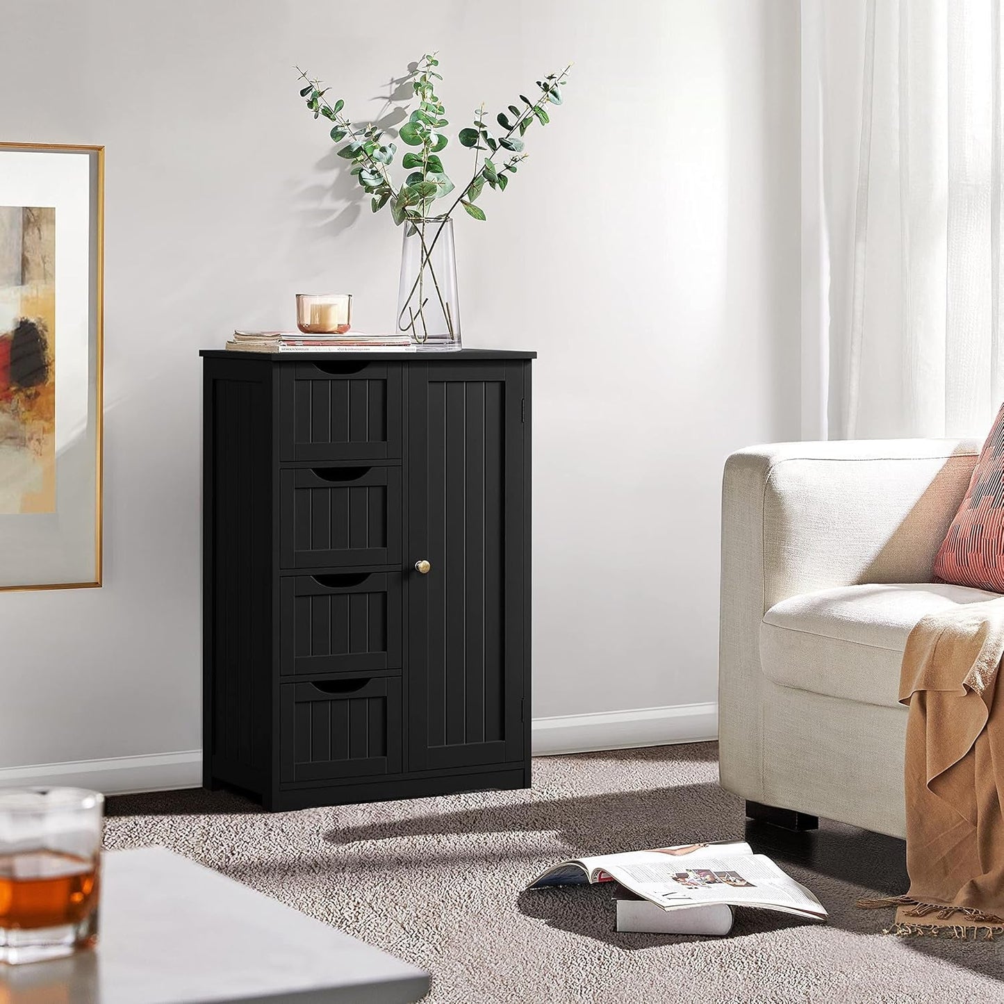 Wooden bathroom cabinet styled in a modern home setting