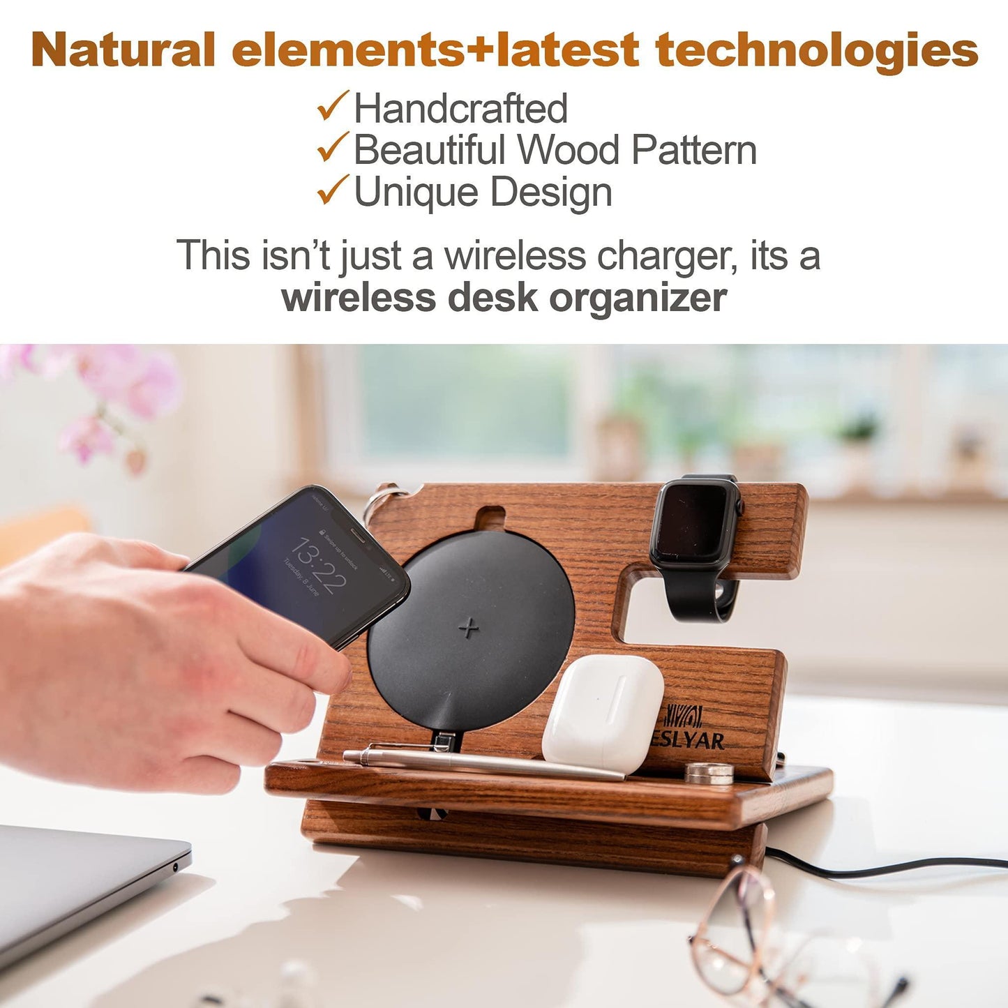 Wireless charging phone dock made from ash wood