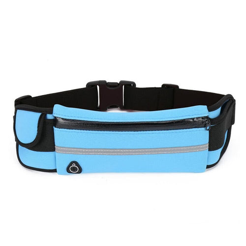Blue waist bag with black straps on a white background