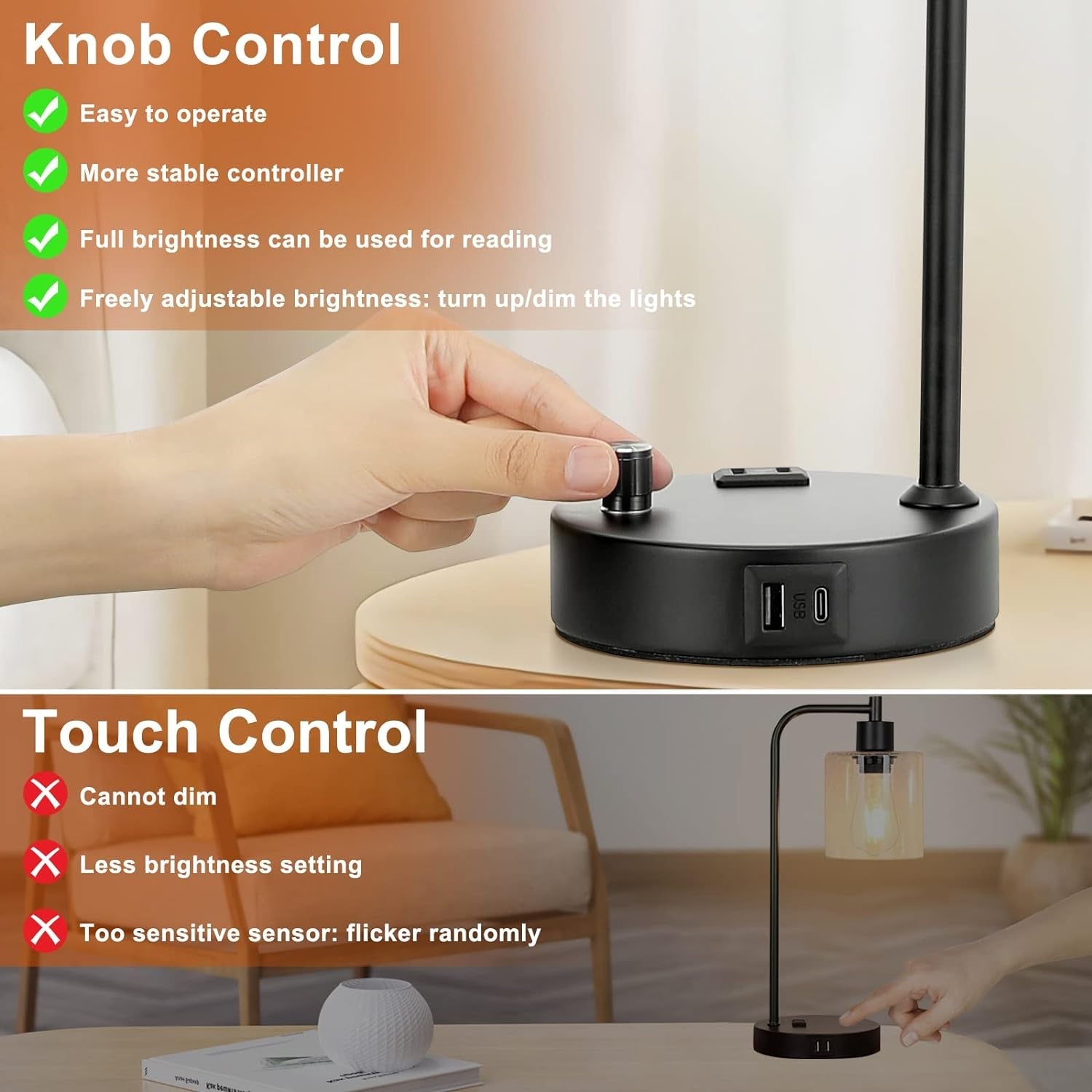 Comparison of knob control and touch control for a lamp with features listed.