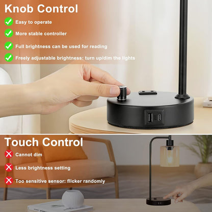 Comparison of knob control and touch control for a lamp with features listed.