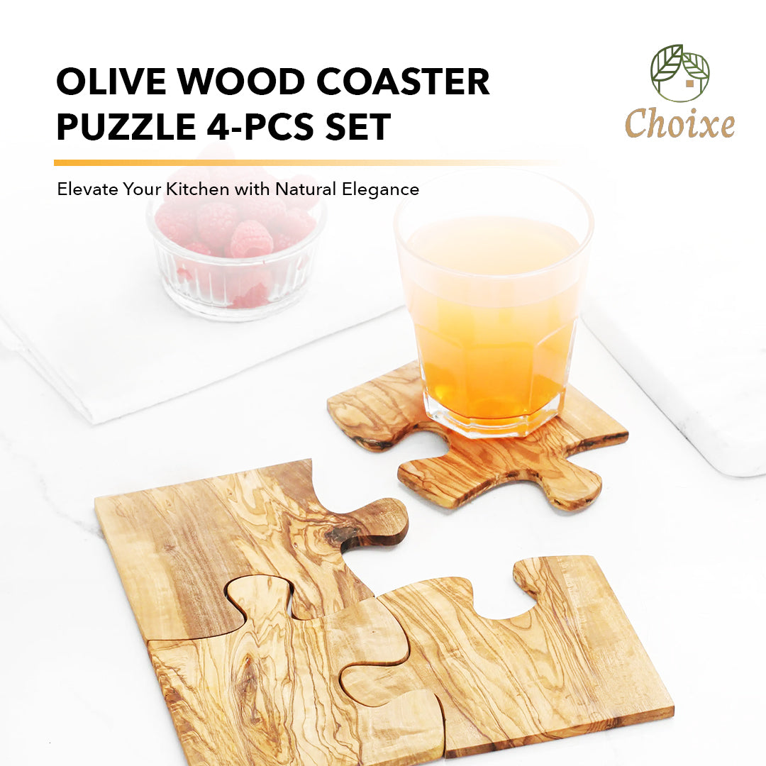 Four-piece olive wood coaster puzzle set arranged together as a full puzzle