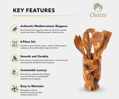 Olive Wood Kitchen Servers Set with Holder – Handcrafted 6-Piece Mediterranean Utensil Set