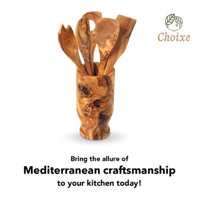 Olive Wood Kitchen Servers Set with Holder – Handcrafted 6-Piece Mediterranean Utensil Set