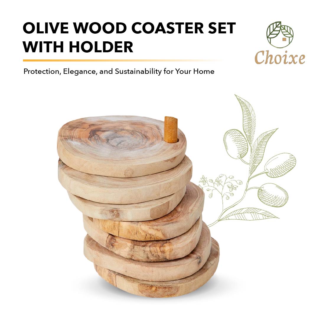“Heat-resistant olive wood coasters protecting a table while adding rustic elegance.”