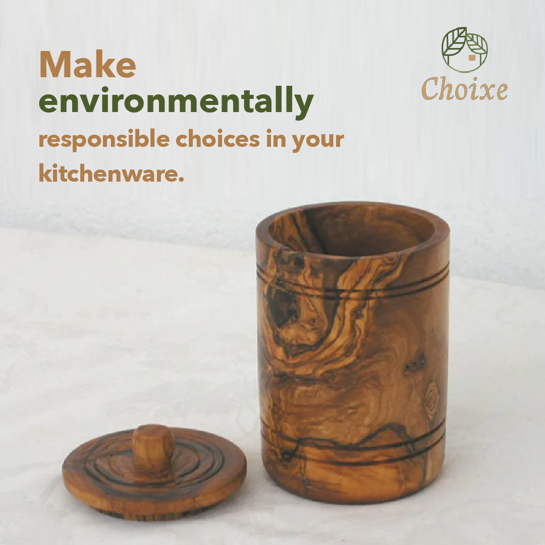 “Mediterranean olive wood jar with lid, enhancing kitchen spaces with natural beauty and convenience.”