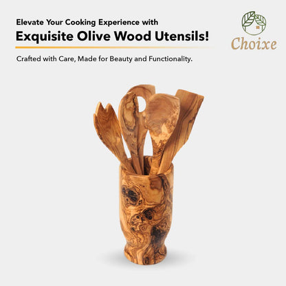 Olive Wood Kitchen Servers Set with Holder – Handcrafted 6-Piece Mediterranean Utensil Set