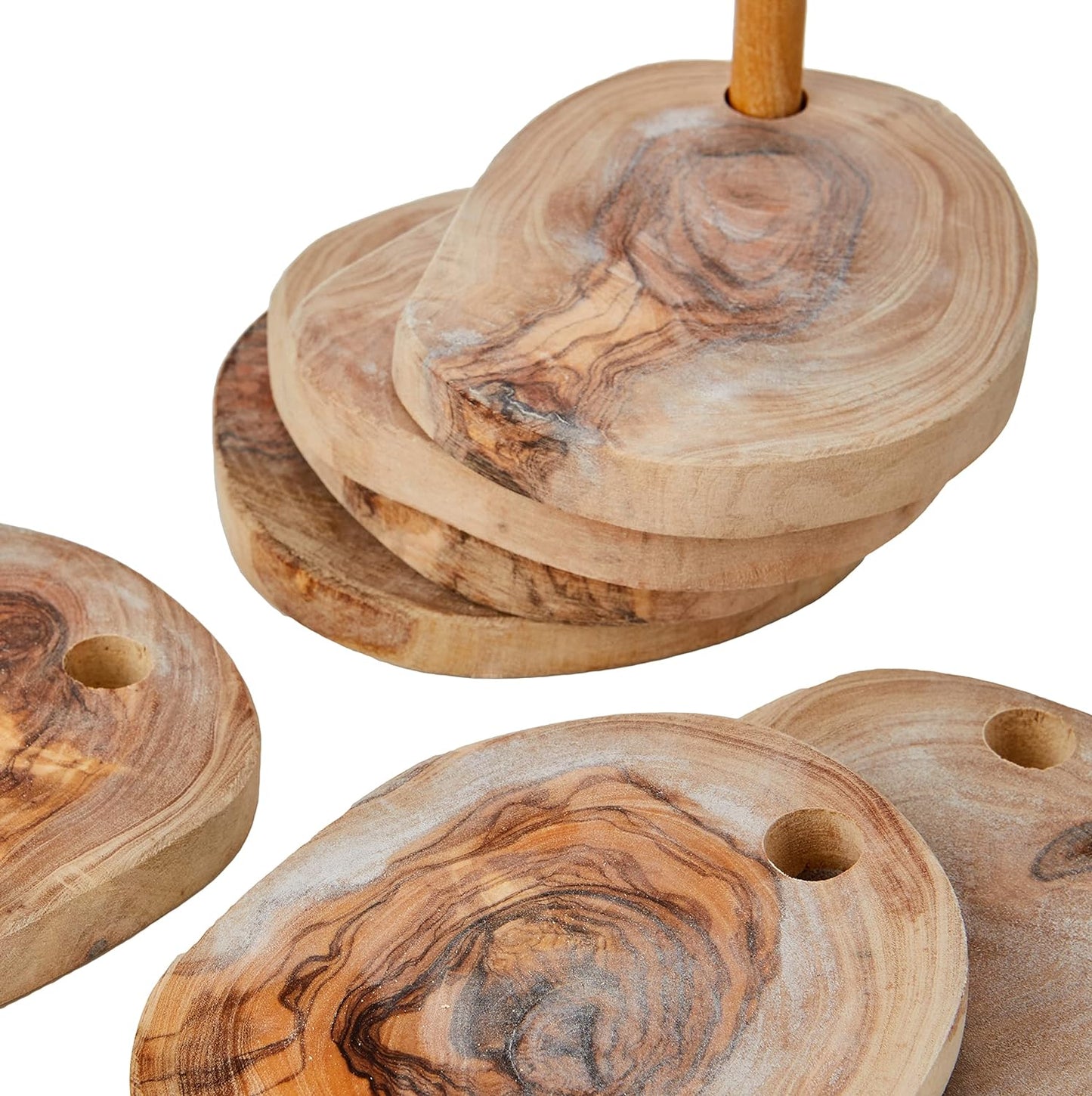 “Olive wood coaster set styled on a dining table for a warm, natural home aesthetic.”