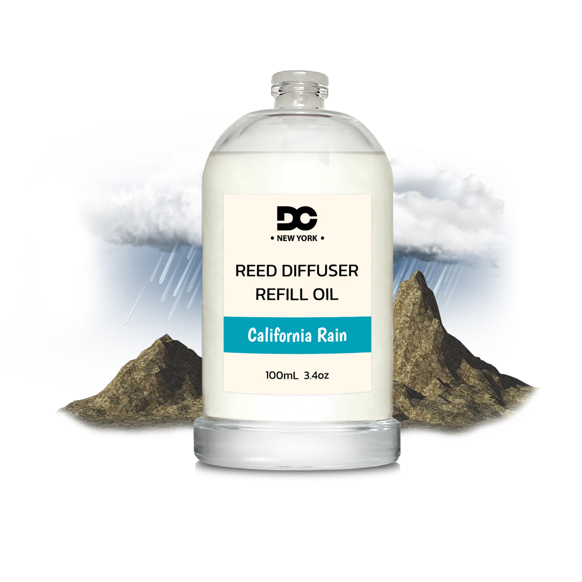 Reed diffuser refill oil bottle with label on a mountain and cloud background