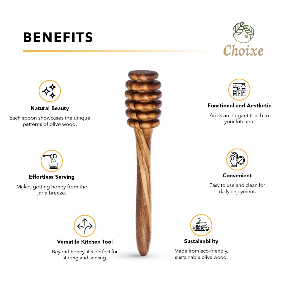 Olive Wood Honey Spoon handmade from Mediterranean olive wood, polished 6-inch honey dipper kitchen accessory