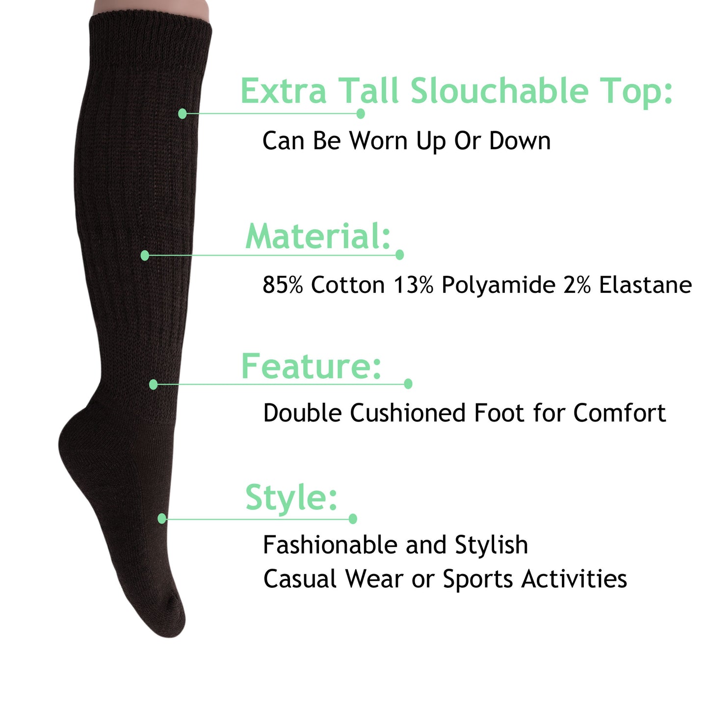 breathable cotton brown long slouch socks