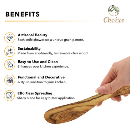 “Mediterranean olive wood butter knife enhancing kitchen decor with natural luxury.”