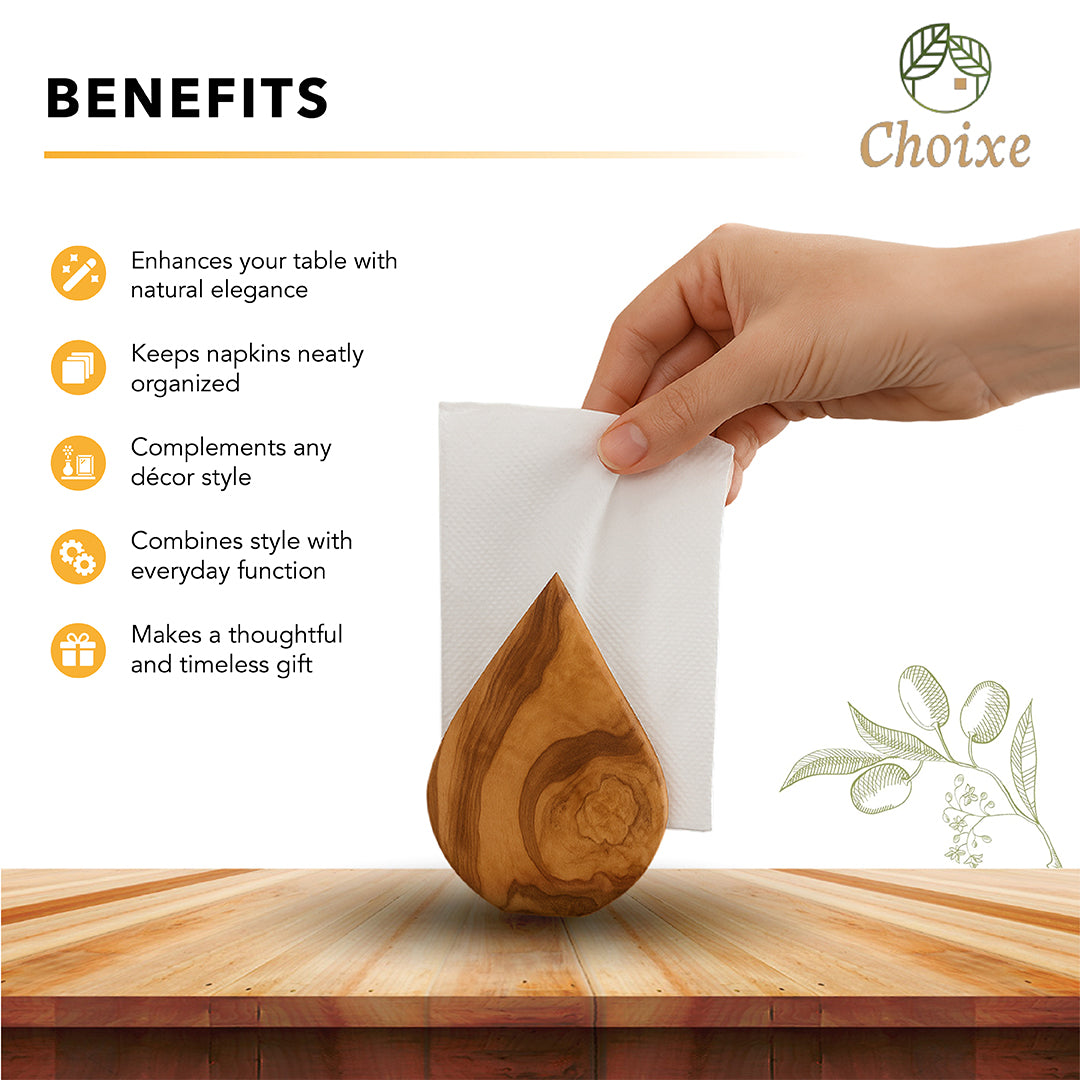 Olive wood napkin holder styled within a rustic kitchen environment