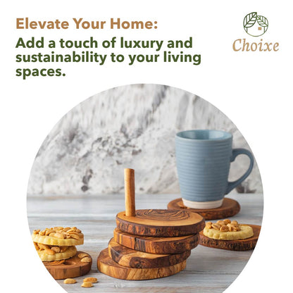 “Eco-friendly olive wood coasters enhancing home décor with Mediterranean charm.”
