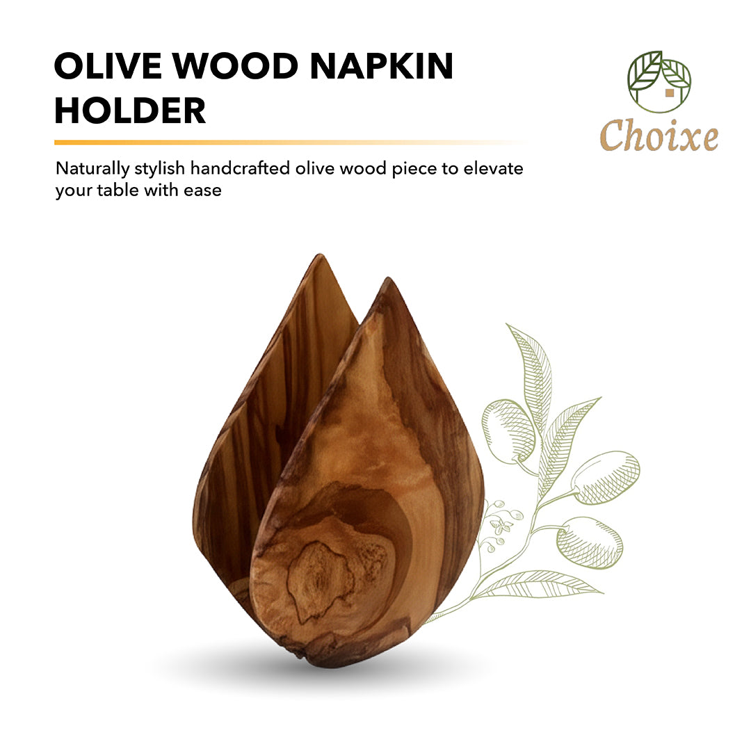 Close-up detail of the olive wood napkin holder’s smooth carved finish