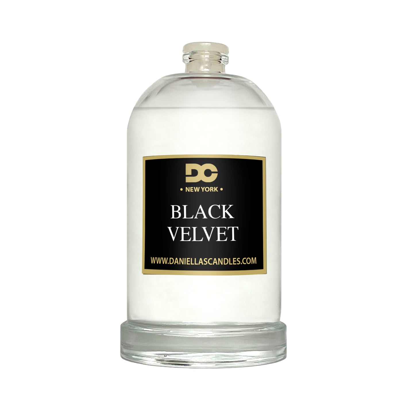 Candle in a glass jar labeled 'Black Velvet' by Daniella's Candles on a white background