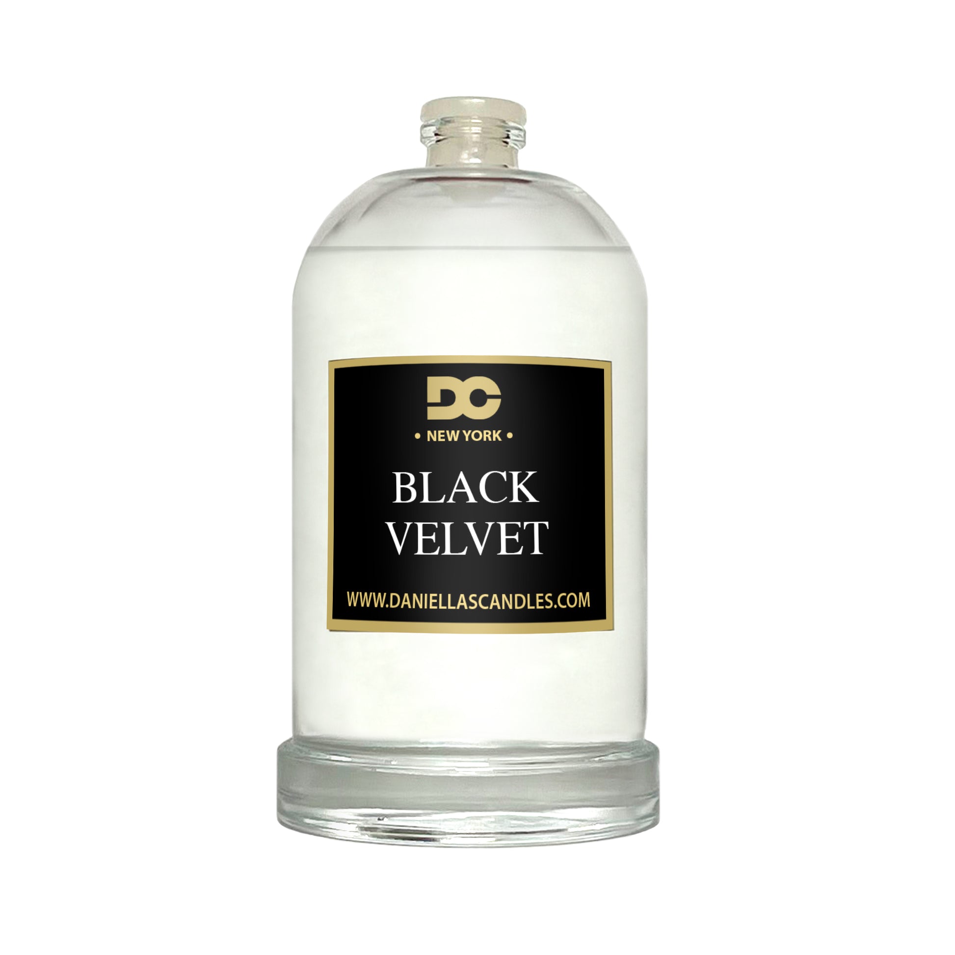 Candle in a glass jar labeled 'Black Velvet' by Daniella's Candles on a white background
