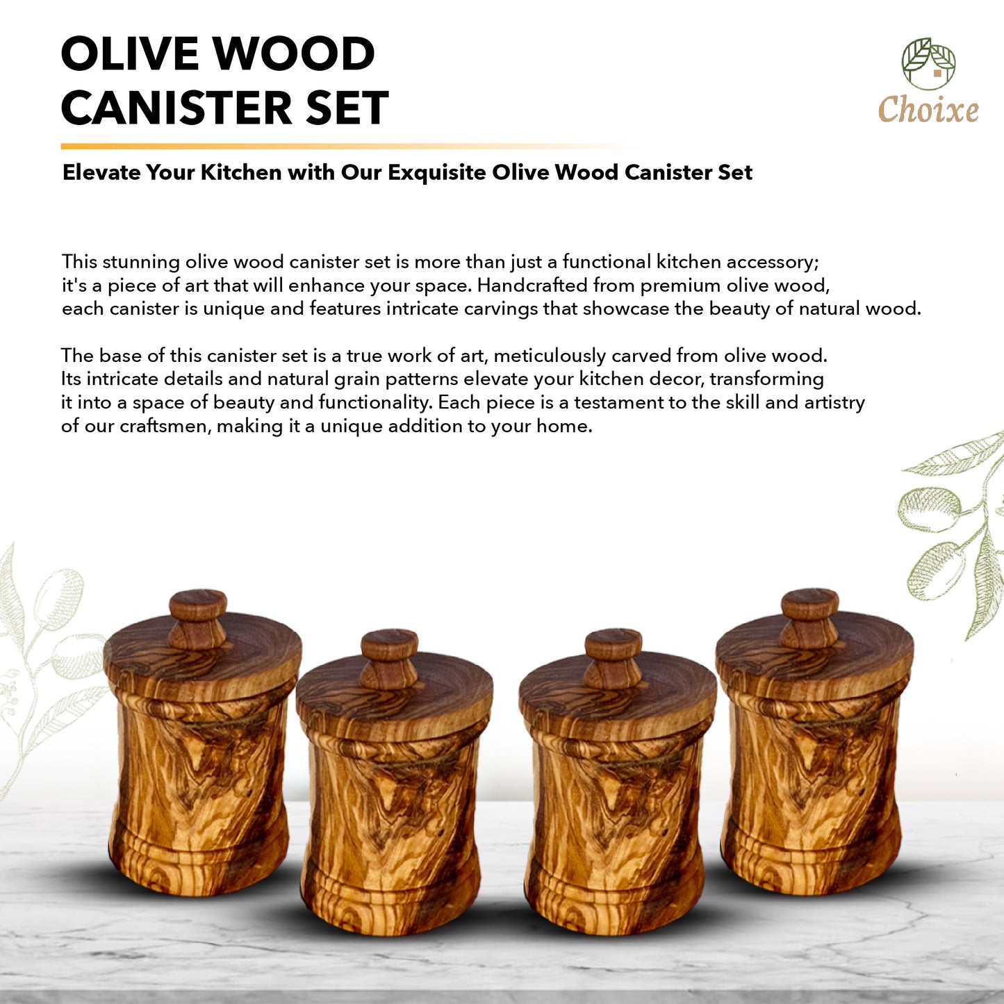 Elegant olive wood spice canisters that help you keep your kitchen organized and beautifully coordinated