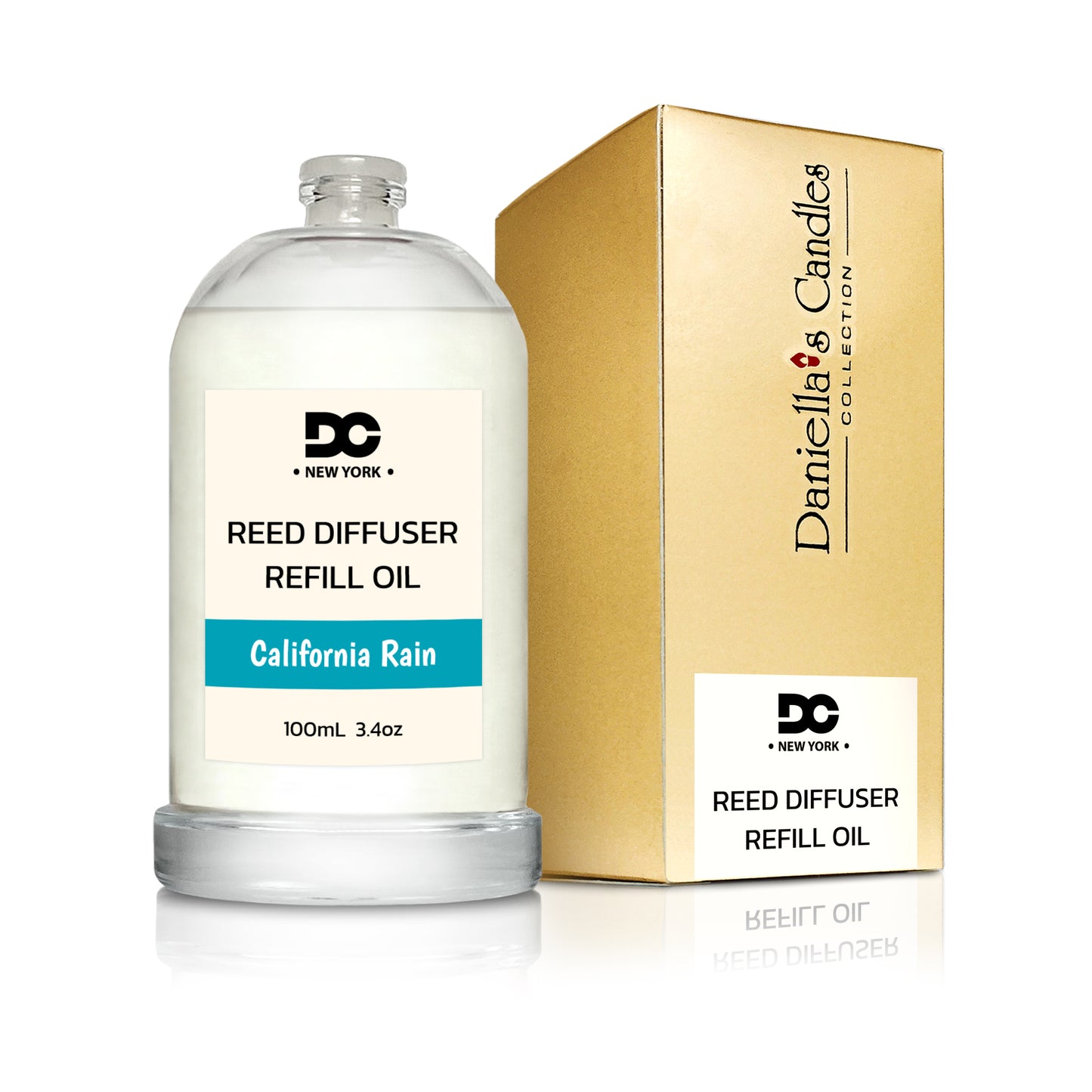 Reed diffuser refill oil bottle with packaging on a white background