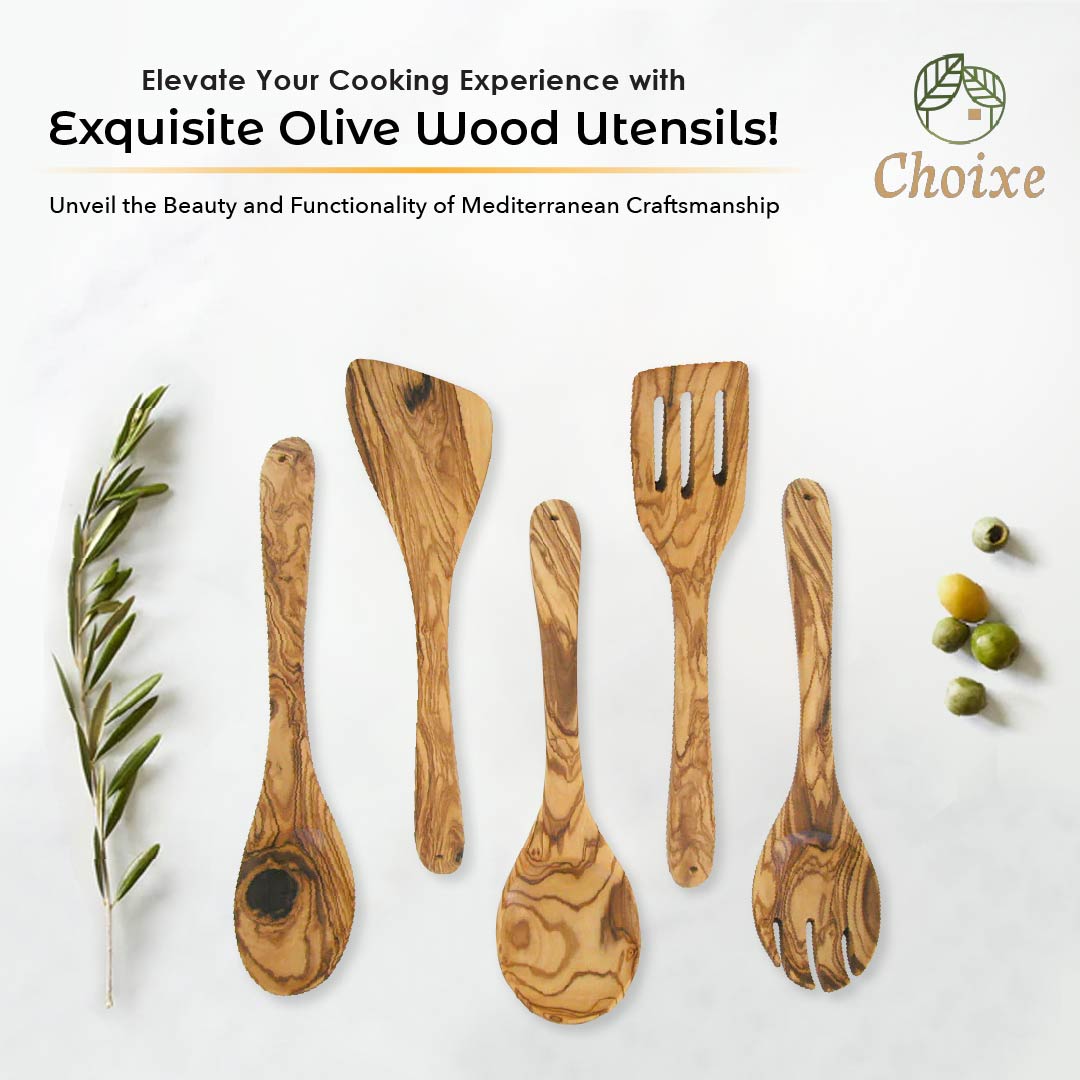 Five-piece olive wood utensil set arranged neatly for kitchen display