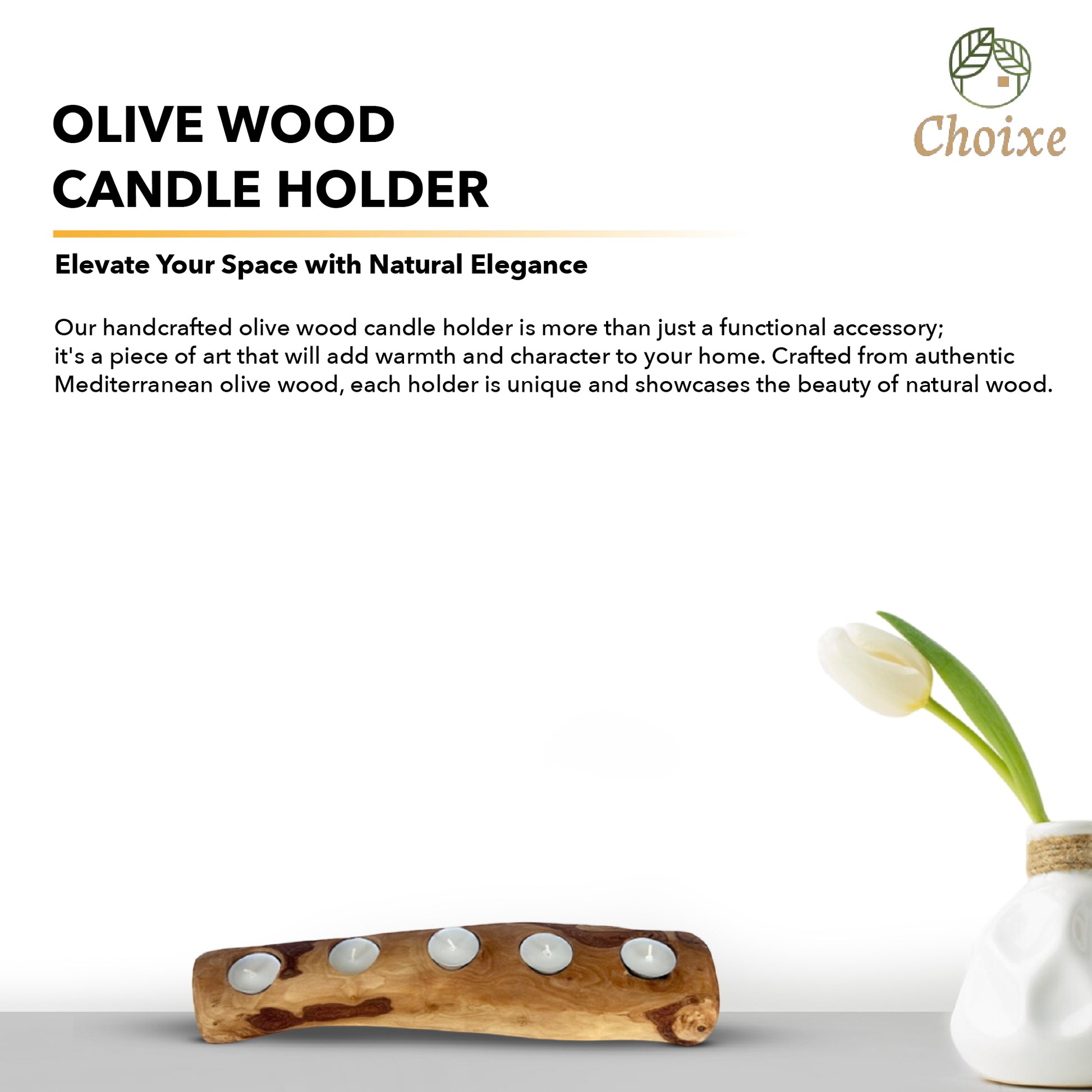 “Five-candle olive wood holder styled as an elegant natural centerpiece.”